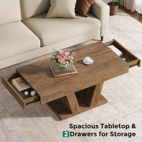 Miniatura 5 de Mesa de centro de granja con 2 cajones laterales, mesa de té central de madera de 43 pulgadas con almacenamiento oculto, mesa de cóctel rectangular