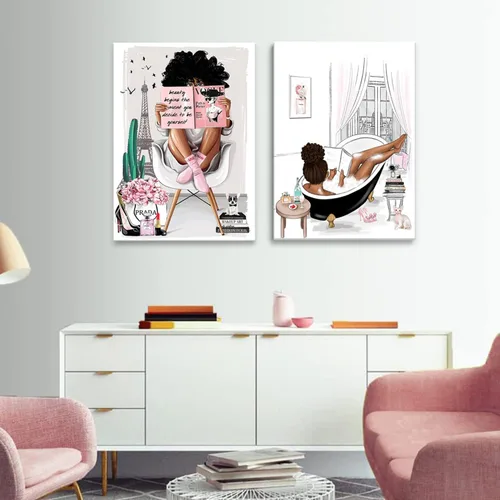 Miniatura 8 de 2 piezas enmarcadas de arte de pared afroamericano moderno París rosa blanco afro negro niñas mujeres lienzo decoración pared cuadros cuadros