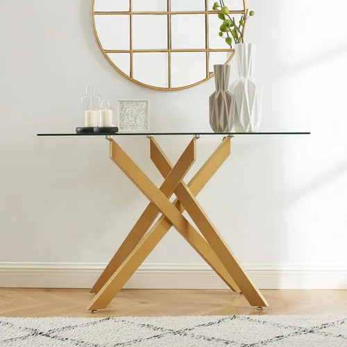 Mesa consola moderna de patas cruzadas con vidrio templado de 0.315 pulgadas, mesa de entrada geométrica dorada para sala de estar y dormitorio, 45