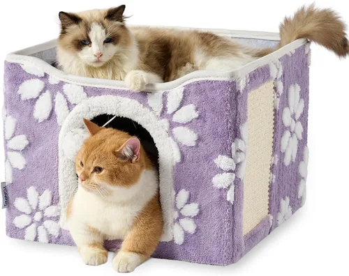 Miniatura 8 de Casas para gatos de interior, bonita cueva para gatos con bola esponjosa para colgar y almohadilla para rascar, escondite plegable para gatitos, 17
