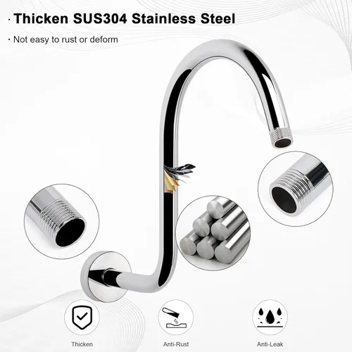 Miniatura 4 de Brazo de ducha en forma de S, tubo de extensión de cabezal de ducha de altura alta, conexión estándar de 1/2 pulgada con brida, impresionante