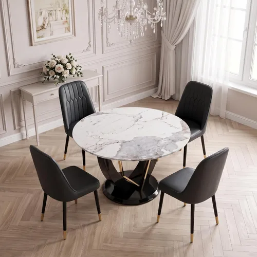 Miniatura 3 de Juego de mesa de comedor redonda de 48'' para 4, juego de mesa y sillas de cocina de mármol, conjunto de 4, mesa redonda con pata de MDF negro