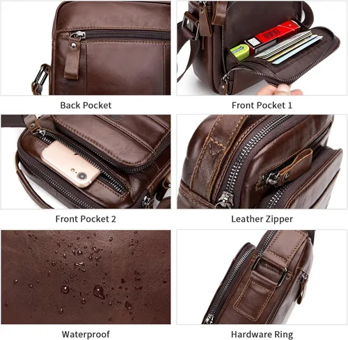 Miniatura 5 de BAIGIO Bolso bandolera de cuero genuino para hombre, bolso de hombro pequeño, bolso de mensajero para hombre, bolso para iPad, bolsa de viaje