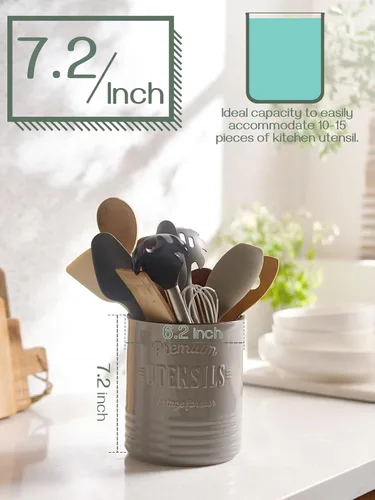 Miniatura 5 de DOWAN Soporte para Utensilios de Cocina Extra Grande de 7.2″ - Soporte para Utensilios Estilo Granja para Encimera - Recipiente de Cerámica para Gris