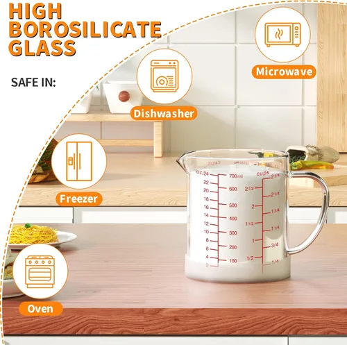 Miniatura 5 de 77L Vaso medidor de vidrio, 2 3/4 tazas/23.7 fl oz, taza medidora con asa y boquilla en forma de V, vaso de vidrio con tres escalas (OZ, taza, ML)
