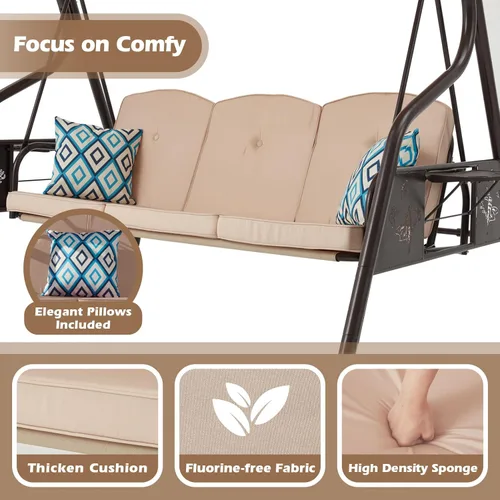 Miniatura 4 de ZZW Silla de columpio para patio de 3 asientos, 800LBS, columpio al aire libre con soporte, con dosel y respaldo ajustable, silla columpio