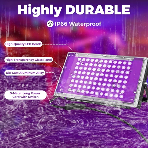 Miniatura 3 de Luz LED negra de 100 W, luz de inundación UV de 385 nm con enchufe e interruptor, luces negras impermeables IP66 para grandes espacios, fiestas