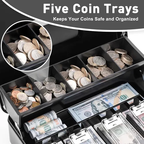 Miniatura 3 de KYODOLED Caja de dinero grande con cerradura de combinación, caja de dinero con bandeja para efectivo, caja fuerte con cerradura con llave, Negro-2