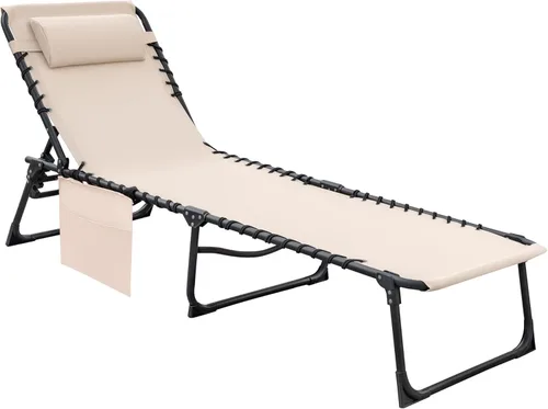 Flamaker Silla de Tumbona Plegable Ajustable en 5 Posiciones, Silla para Tomar el Sol con Bolsillo Lateral, Silla de Bronceado al Aire Libre para