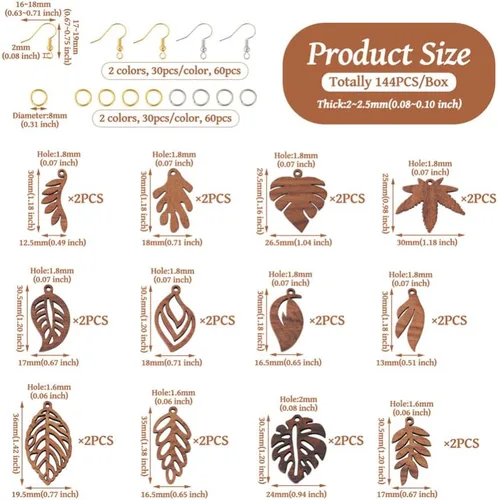 Miniatura 3 de Mega Pet Kit de fabricación de aretes colgantes de madera, 24 dijes de madera natural con 60 ganchos de latón para aretes, 60 anillos de latón
