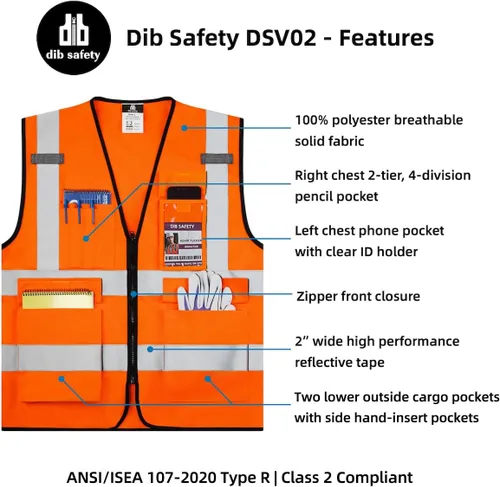 Miniatura 5 de Dib Safety - Chaleco reflectante ANSI clase 2, chaleco de alta visibilidad con bolsillos y cremallera, ideal para trabajo en construcción, alta