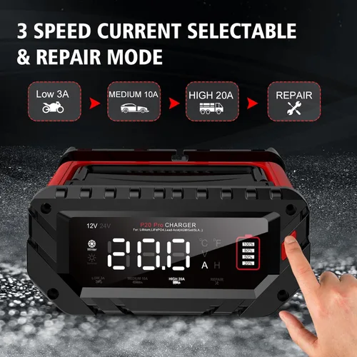 Miniatura 4 de Cargador de batería de coche de 20 amperios, cargador automotriz inteligente de 12 V/24 V, mantenedor de batería, cargador de goteo para automóvil