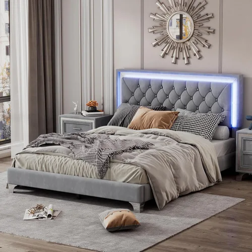Miniatura 10 de Cama de plataforma flotante, marco de cama de madera tamaño individual con rayas claras, tela de lino suave y cabecera de diseño capitoné