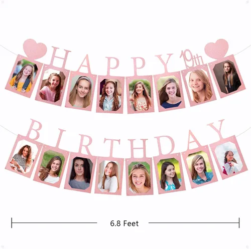 Miniatura 2 de Decoraciones y suministros de feliz cumpleaños 19 para niñas, pancarta de fotos de cumpleaños de oro rosa para mujeres