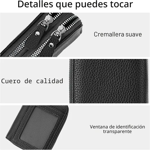 Miniatura 4 de RNIEGA Cartera pequeña de piel con bloqueo RFID para tarjetas de crédito, cartera pequeña para mujer, doble cremallera con ventana de identificación