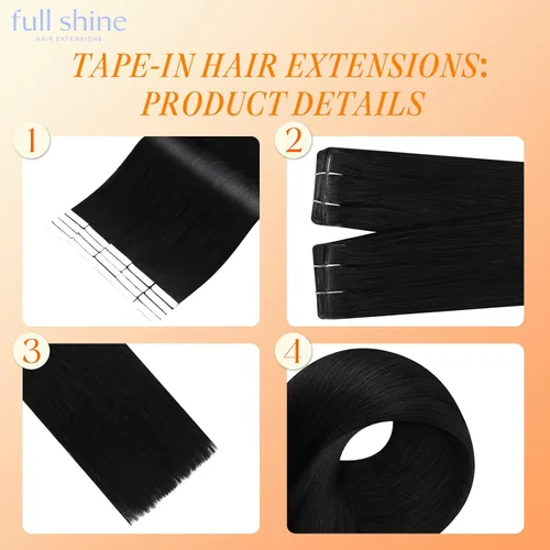 Miniatura 3 de Full Shine Invisi Edge - Extensiones de cabello con cinta adhesiva invisible de 36 cm, color 1 negro, máquina Remy, extensiones de cabello humano