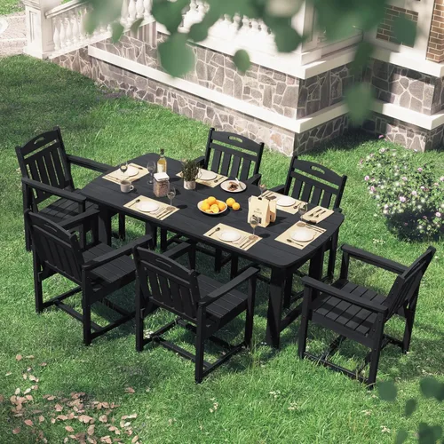 Miniatura 7 de HDPE - Juego de comedor al aire libre, mesa y sillas de patio, mesa exterior de 7 piezas y 6 sillas, agujero para sombrilla de 2 pulgadas, muebles
