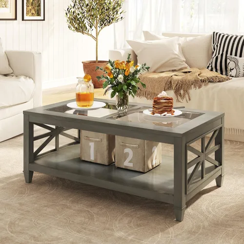 Miniatura 8 de Mesa auxiliar de madera maciza de 2 niveles con vidrio templado, mesa auxiliar cuadrada de madera para sofá, mesita de noche rústica con soporte