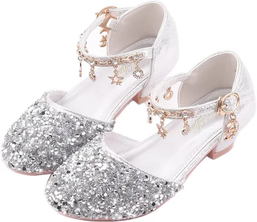ChuLian Zapatos de vestir para niñas pequeñas con lentejuelas con purpurina y tacones bajos de princesa, zapatos de vestir de princesa, zapatos de