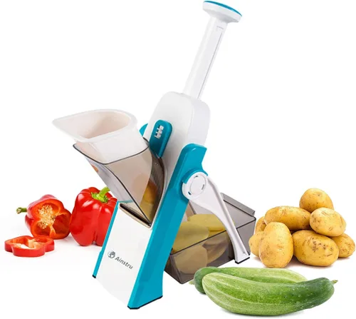Cortador de verduras con mandolina, cortador de verduras ajustable, seguro, multiusos, rebanador de verduras para cocina (azul), 12.7 x 5.3 x 5