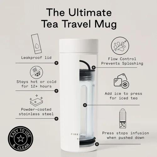Miniatura 4 de Firebelly Tea, Taza infusor de té de viaje con colador, vaso aislado para té o café de hojas sueltas, botella a prueba de fugas para bebidas Blanco