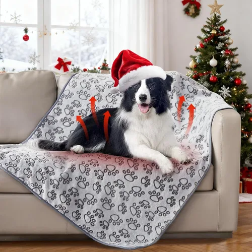 Miniatura 9 de Manta para perros rellena premium suave, con impresión de huella de pata gris de franela, 43 * 66 pulgadas, manta autocalentable para gatos