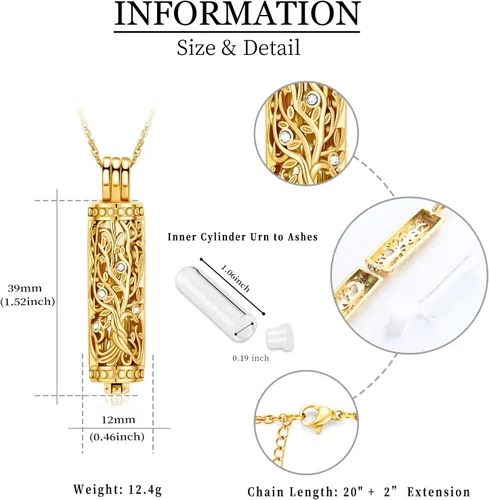 Miniatura 2 de shajwo Joyería de cremación cilíndrica, collar de cenizas de urna del árbol de la vida para mujeres y hombres, vial de cremación de cenizas