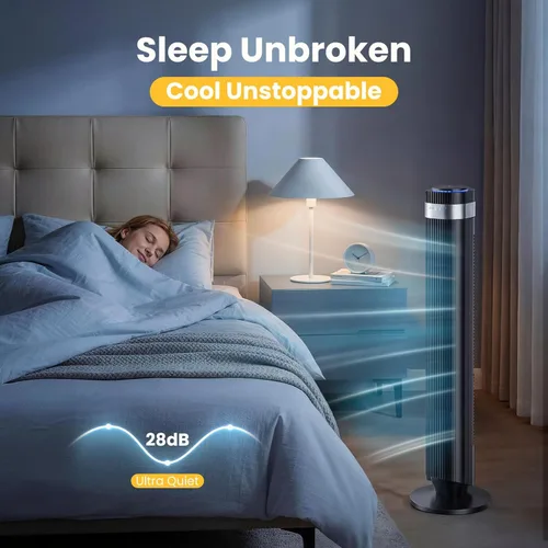 Miniatura 4 de NEWBULIG Ventilador de torre para dormitorio, ventilador oscilante sin aspas con control remoto, 5 velocidades y 4 modos, 28 dB silencioso para Negro