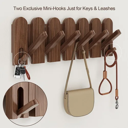 Miniatura 4 de Perchero de madera de nogal, montaje en pared, 16.5 pulgadas, con 8 ganchos retráctiles, ganchos resistentes para colgar abrigos, sombreros