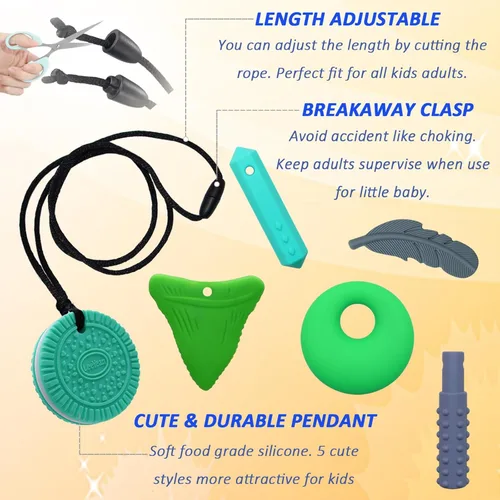 Miniatura 6 de Collares masticables para niños con necesidades sensoriales, collares masticables de silicona para niños y niñas con autismo, TDAH, SPD, Verde