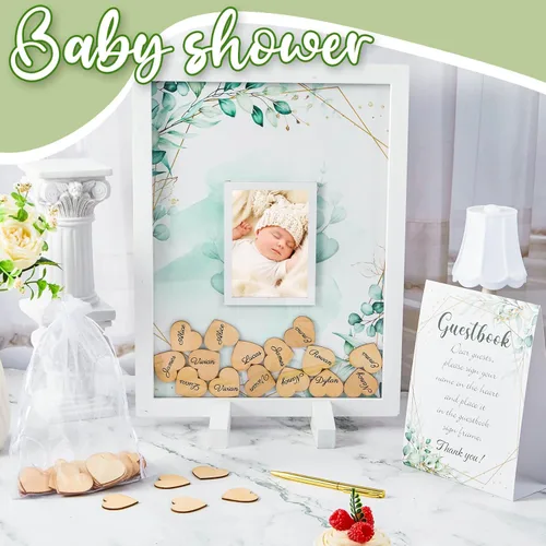 Miniatura 4 de Alternativas de libro de invitados Kosiz para Baby Shower, decoraciones de baby shower con corazones de madera para 60 invitados, marco de foto