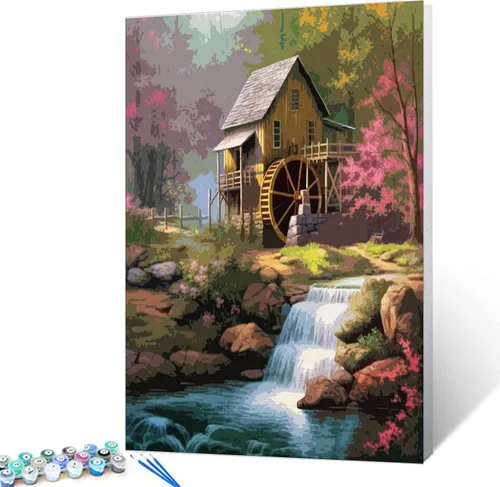 Miniatura 3 de Tucocoo Pintura de cabaña forestal por números para adultos, kits de pintura al óleo digital sobre lienzo con pinceles y pigmento acrílico, rueda