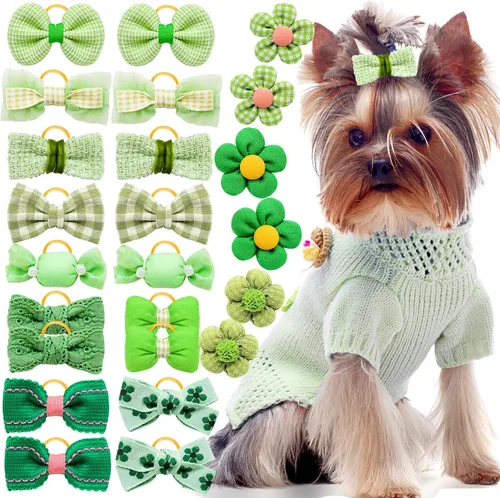 Miniatura 12 de 20 piezas de lazos pequeños de color rosa claro para el pelo de perros con bandas de goma, moño de bola de flores con nudo superior para accesorios