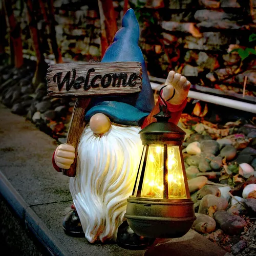 Miniatura 10 de Estatuas de gnomos de jardín para exteriores con pala, gnomo solar con farol, luces LED, decoración de terraza, Navidad, patio, césped, porche
