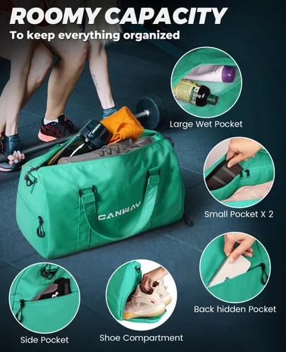 Miniatura 4 de CANWAY Bolsa de gimnasio para hombres y mujeres, bolsa de lona de gimnasio de 40 litros con compartimento para zapatos y bolsillo húmedo, bolsa