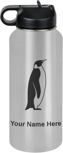 Miniatura 76 de LaserGram Botella de agua personalizada, pingüino, acero inoxidable de doble pared aislada al vacío con popote superior, regalo grabado