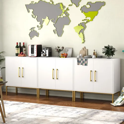 JOZZBY Aparador de buffet con almacenamiento, gabinete de madera moderno con estantes ajustables, gabinetes blancos y dorados para sala de estar,