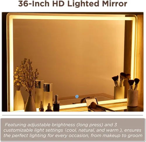 Miniatura 3 de RedLemon Escritorio de tocador acanalado de 48 pulgadas con espejo HD grande de 36 pulgadas y luces, mesa de maquillaje moderna de vidrio de madera