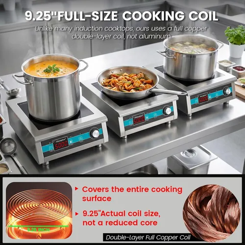 Miniatura 5 de Quemador de inducción comercial de 3500 W, encimera de 208-240 V 9.25-inch copper coil, non-pulse low-heat control, 18H timer for induction hot