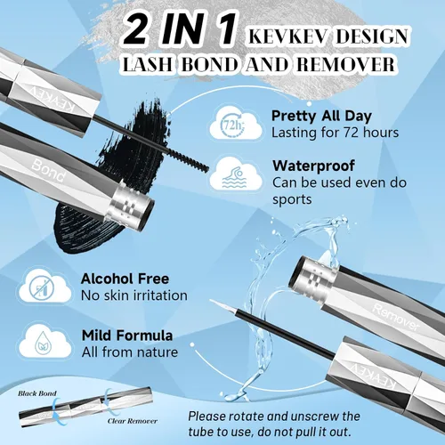 Miniatura 2 de KevKev Adhesivo y removedor de pestañas 2 en 1, pegamento de racimo de pestañas impermeable con fuerte retención de 48 horas, eliminación rápida sin