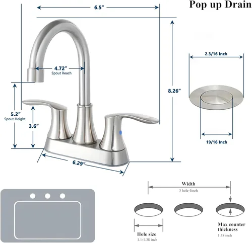 Miniatura 7 de Friho Juego de 2 grifos de baño de níquel cepillado, juego central sin plomo, moderno, comercial, de 2 manijas, para lavabo de baño, juego de 2, 3