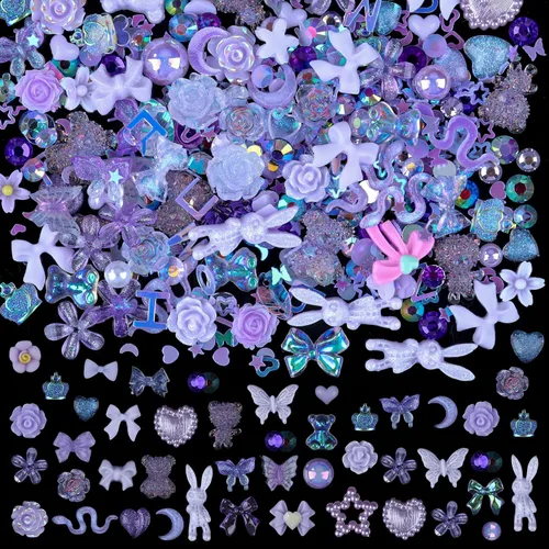 Miniatura 10 de Lindos dijes para uñas 3D, 100 piezas de conejo mariposa flor lazo, dijes de arte para uñas mixtos de diamantes de imitación de uñas con parte Rosa