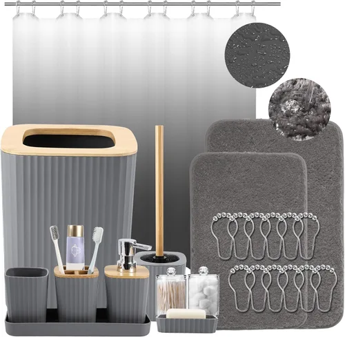 Miniatura 54 de XLHOMO - Juego de baño beige de plástico de 9 piezas, con basurero, dispensador de jabón, portacepillos de dientes, vaso, jabonera, cepillo