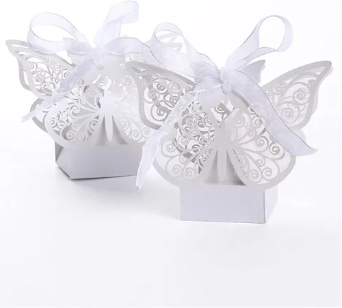 Miniatura 8 de Auto-plaza 50 cajas de regalo de mariposa cortadas con láser, cajas de dulces con cintas (beige)