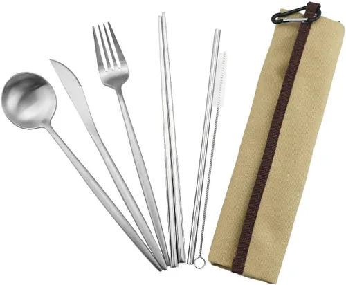Miniatura 18 de Utensilios de viaje reutilizables, 7 piezas portátiles de acero inoxidable 304, incluyendo cuchillo, tenedor, cuchara, palillos, cepillo