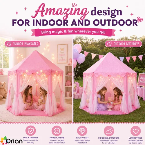 Miniatura 5 de ORIAN Tienda de campaña Princess Castle Playhouse para niñas con luces LED de estrella – Para interiores y exteriores, tienda de campaña grande