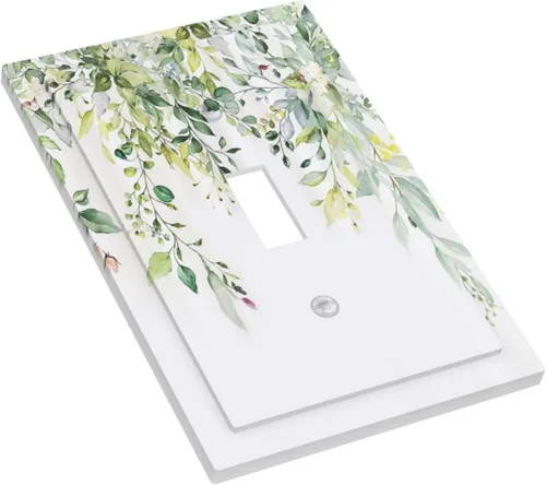 Miniatura 3 de Placas de pared de eucalipto verde de una sola palanca, estilo rústico, cubierta de interruptor de luz de 1 cuadrilla, hojas de árbol, cubiertas