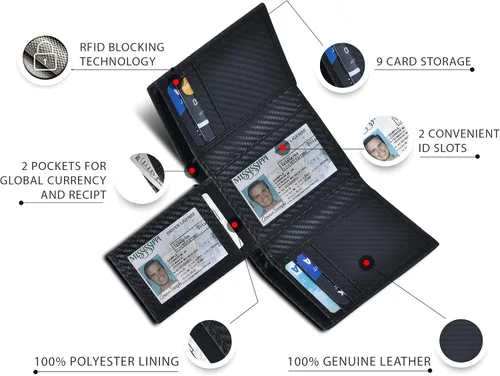 Miniatura 4 de Real Leather Trifold Wallet for Men - RFID Wallets Slim 9 Credit Card Holder 2 ID Compartment Gift For Men