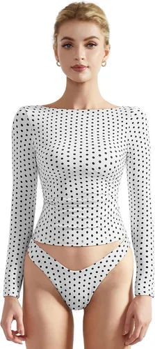 Miniatura 24 de SUUKSESS Camiseta de mujer con cuello redondo, manga larga, doblemente forrada, ajustada y corta