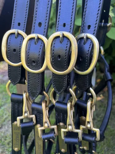 Miniatura 9 de Leaders - Cabestro de cuero para caballos con placa de nombre grabada personalizada, cabestro para caballo, negro/latón